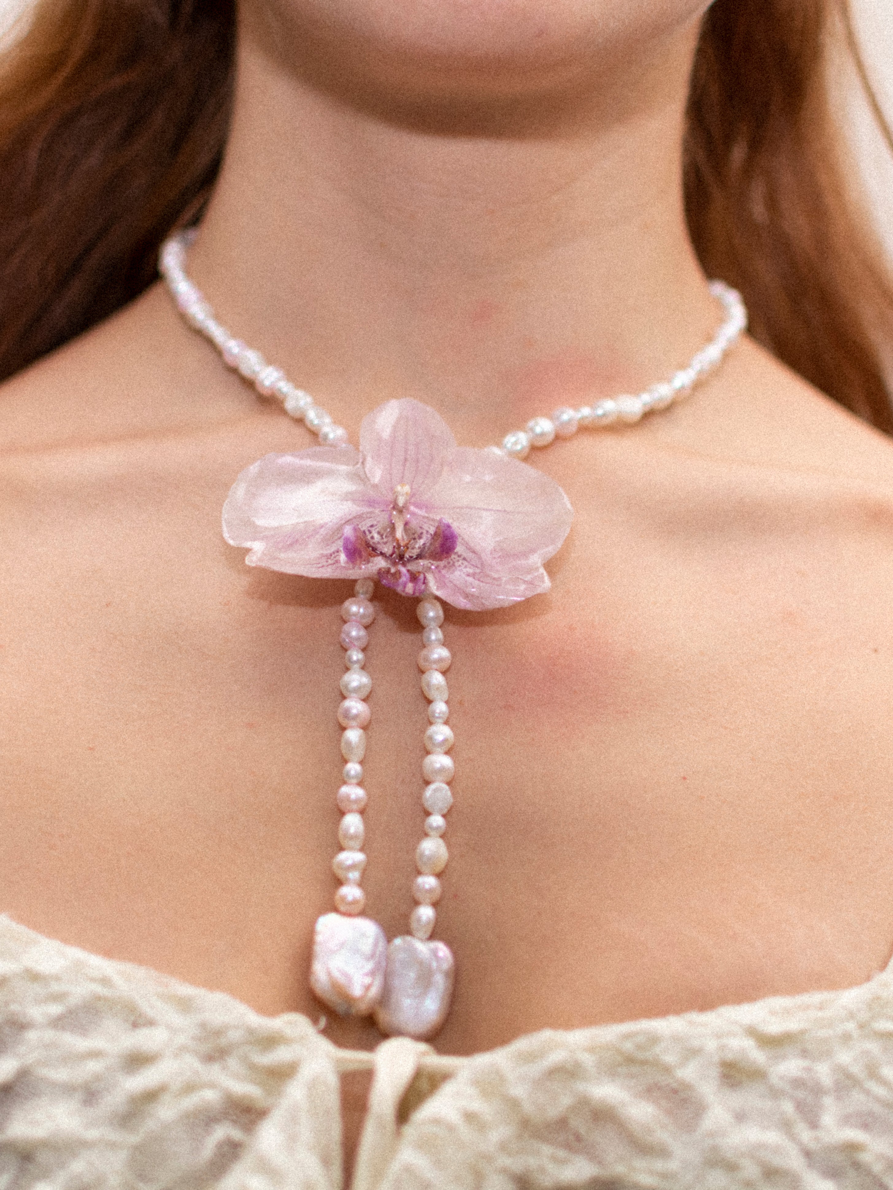 Pink orchid necklace
