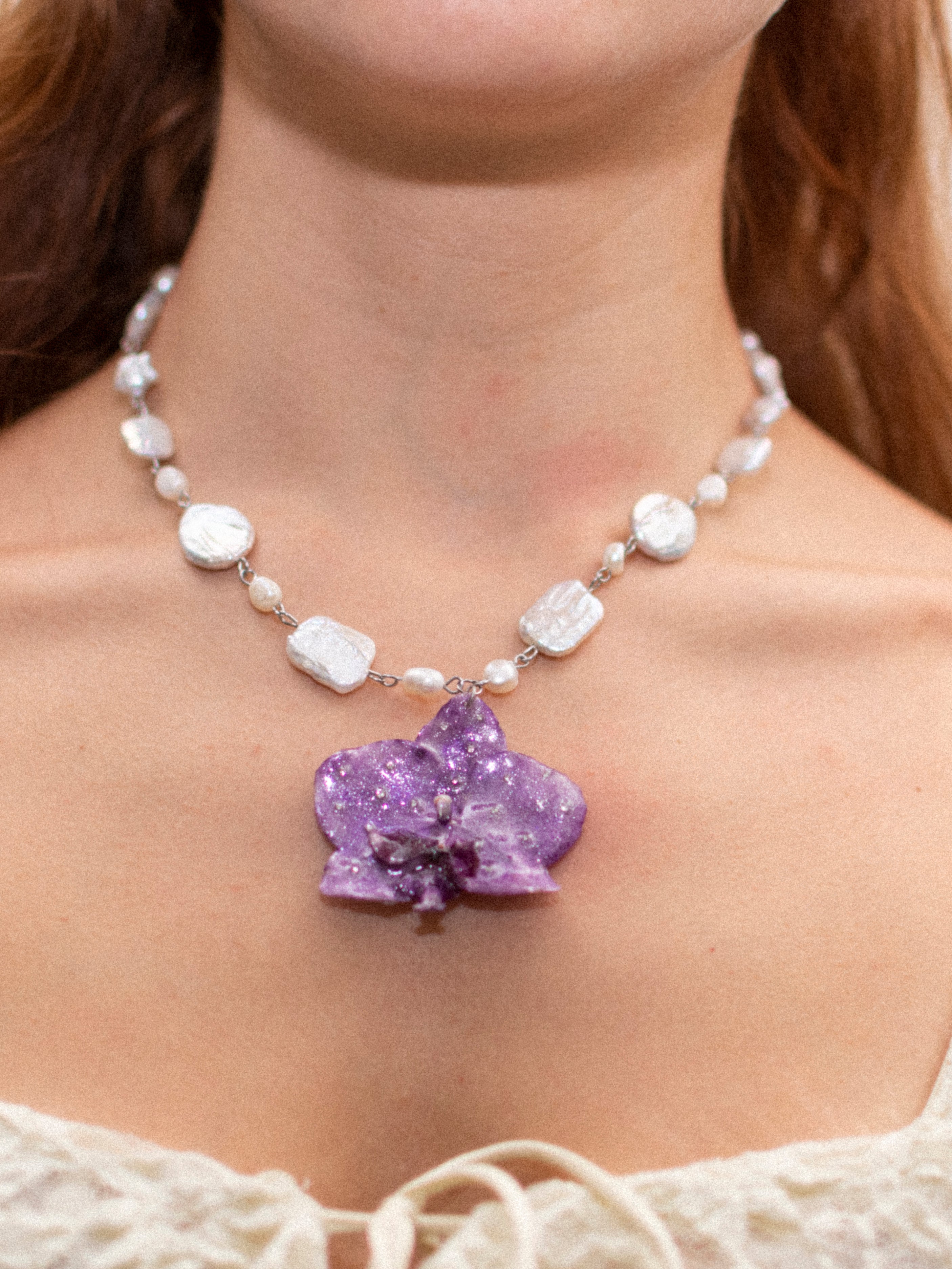 Purple orchid pearl necklace
